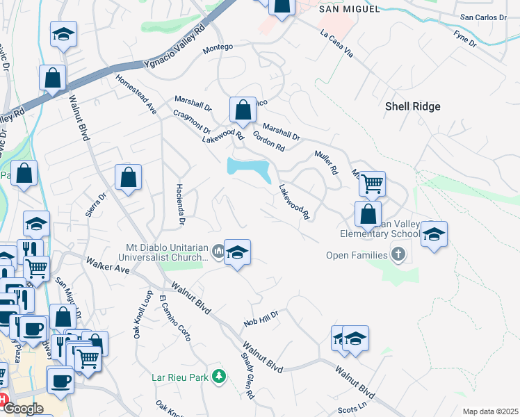 map of restaurants, bars, coffee shops, grocery stores, and more near Summit Road in Walnut Creek