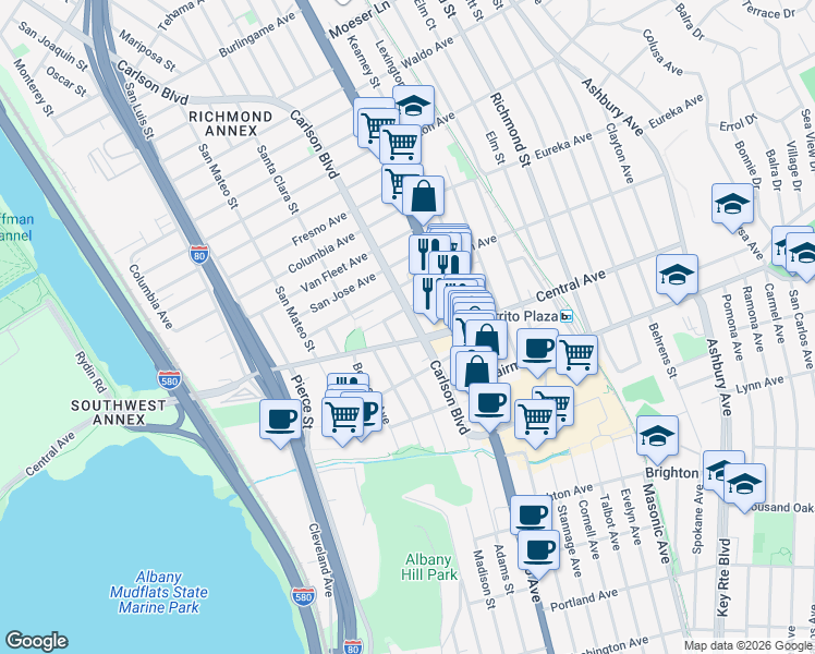 map of restaurants, bars, coffee shops, grocery stores, and more near 3124 Yosemite Avenue in El Cerrito