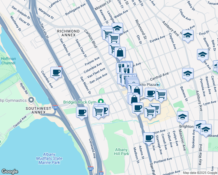 map of restaurants, bars, coffee shops, grocery stores, and more near 3124 Yosemite Avenue in El Cerrito