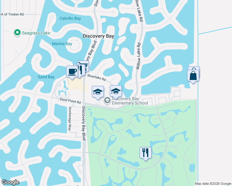 map of restaurants, bars, coffee shops, grocery stores, and more near 5502 Riverlake Road in Discovery Bay