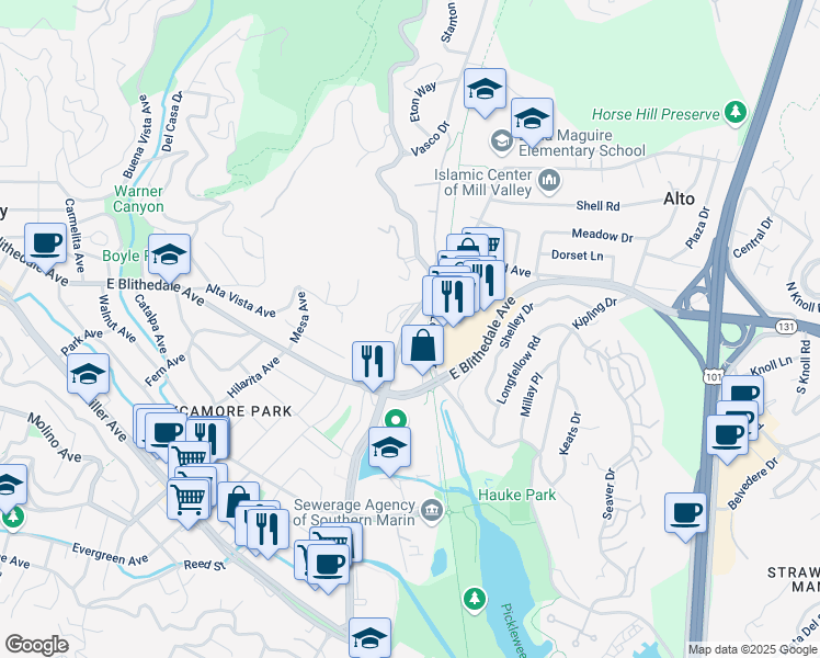 map of restaurants, bars, coffee shops, grocery stores, and more near 290 Camino Alto Court in Mill Valley