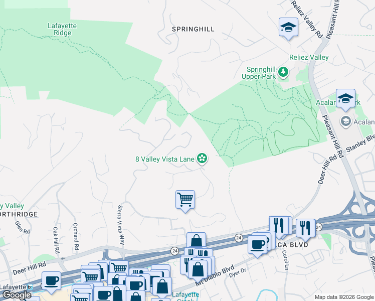 map of restaurants, bars, coffee shops, grocery stores, and more near 1176 Brown Avenue in Lafayette