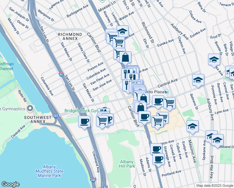map of restaurants, bars, coffee shops, grocery stores, and more near 5906 Avila Street in El Cerrito