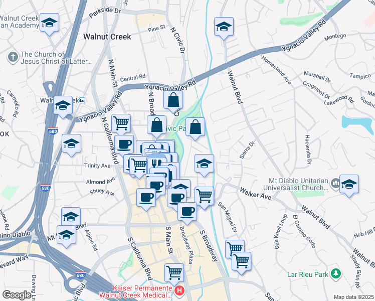 map of restaurants, bars, coffee shops, grocery stores, and more near 1682 Carmel Drive in Walnut Creek