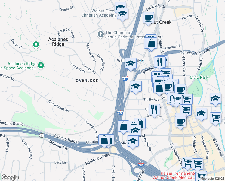 map of restaurants, bars, coffee shops, grocery stores, and more near 1660 Terrace Road in Walnut Creek