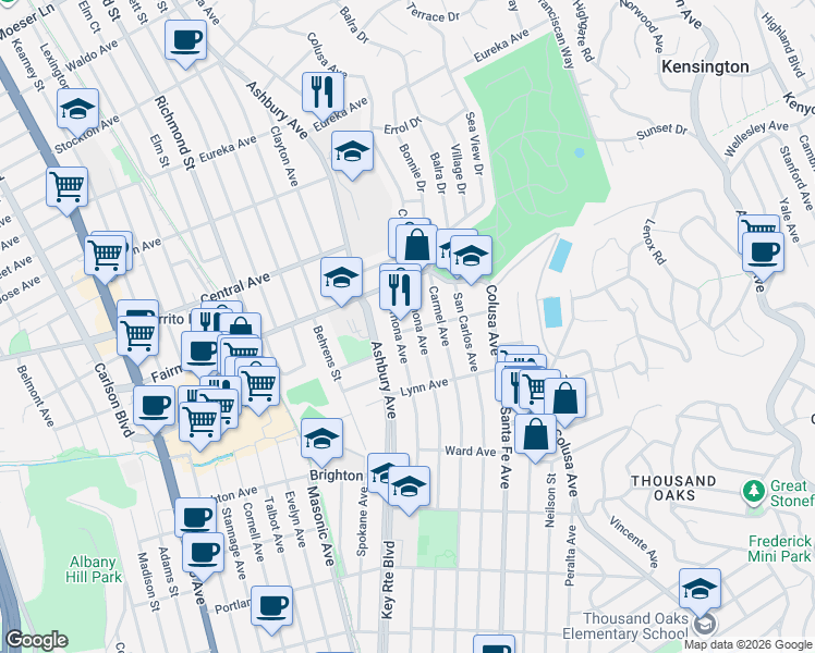 map of restaurants, bars, coffee shops, grocery stores, and more near 244 Pomona Avenue in El Cerrito
