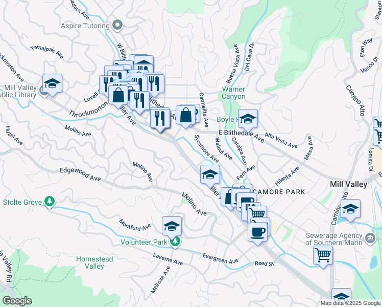 map of restaurants, bars, coffee shops, grocery stores, and more near 190 Miller Avenue in Mill Valley
