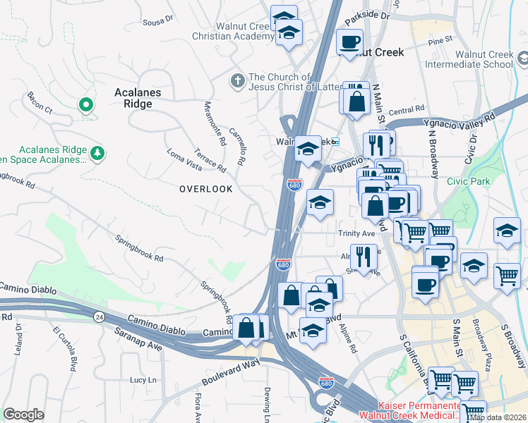 map of restaurants, bars, coffee shops, grocery stores, and more near Terrace Road in Walnut Creek