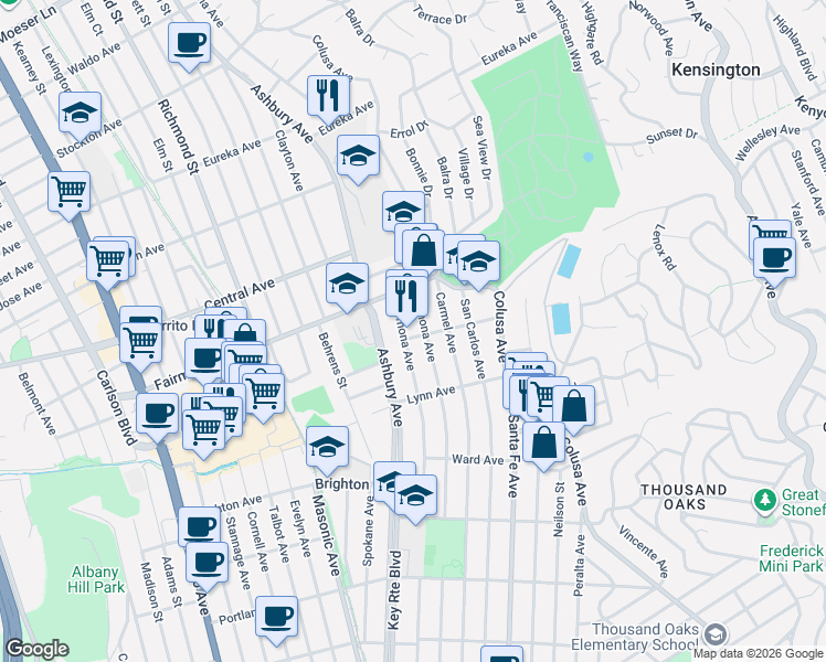 map of restaurants, bars, coffee shops, grocery stores, and more near 244 Pomona Avenue in El Cerrito