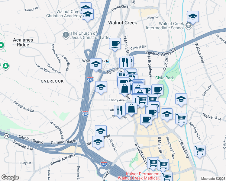 map of restaurants, bars, coffee shops, grocery stores, and more near 1812 Cole Avenue in Walnut Creek