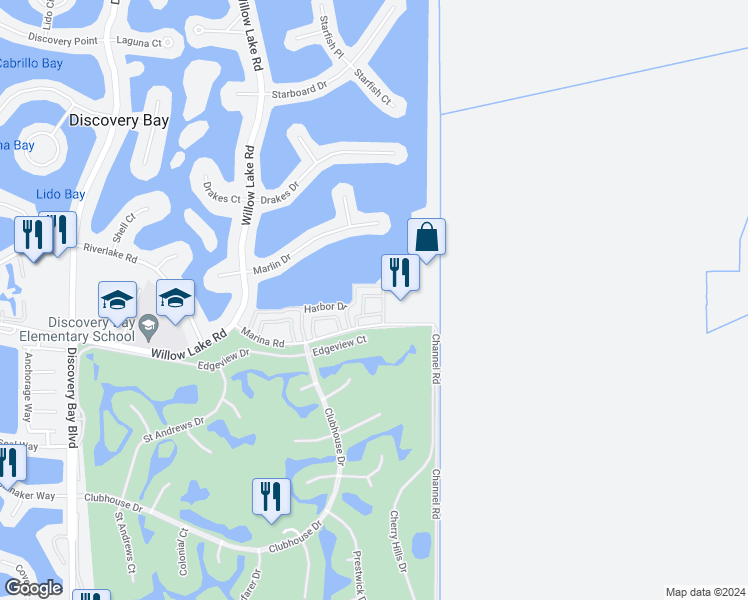 map of restaurants, bars, coffee shops, grocery stores, and more near 1515 Trawler Street in Discovery Bay