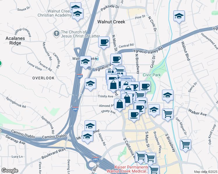 map of restaurants, bars, coffee shops, grocery stores, and more near 1657 North California Boulevard in Walnut Creek