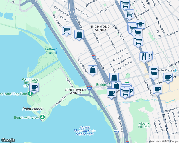 map of restaurants, bars, coffee shops, grocery stores, and more near 5076 Columbia Avenue in Richmond