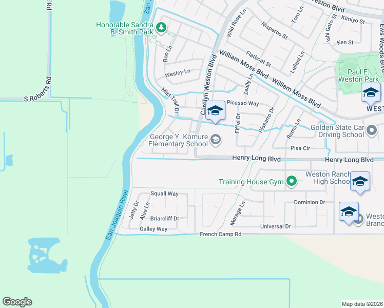 map of restaurants, bars, coffee shops, grocery stores, and more near 2121 Henry Long Boulevard in Stockton