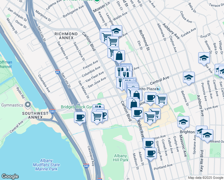 map of restaurants, bars, coffee shops, grocery stores, and more near 3124 Yosemite Avenue in El Cerrito