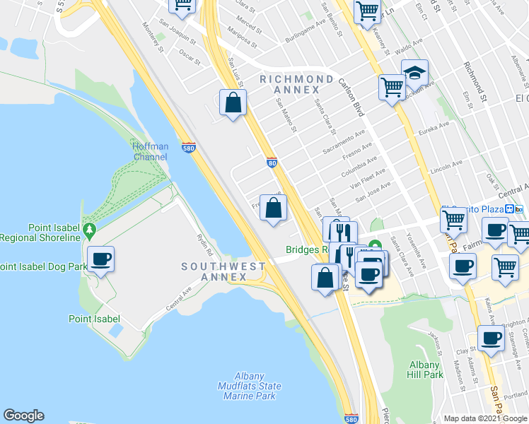 map of restaurants, bars, coffee shops, grocery stores, and more near 5076 Columbia Avenue in Richmond