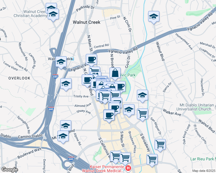 map of restaurants, bars, coffee shops, grocery stores, and more near in Walnut Creek