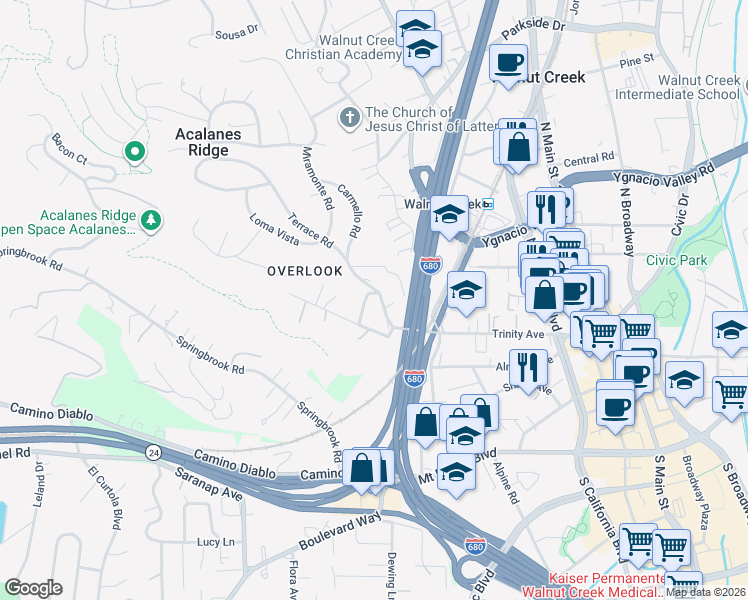 map of restaurants, bars, coffee shops, grocery stores, and more near 1654 Terrace Way in Walnut Creek