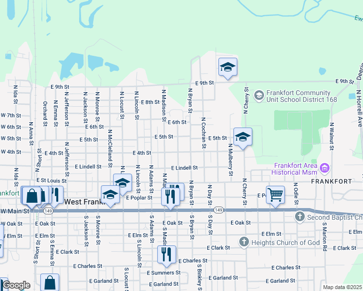 map of restaurants, bars, coffee shops, grocery stores, and more near 1100-1198 E 4th St in West Frankfort