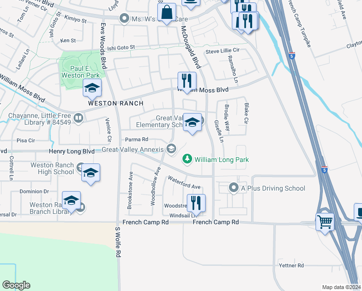 map of restaurants, bars, coffee shops, grocery stores, and more near 4223 McDougald Boulevard in Stockton