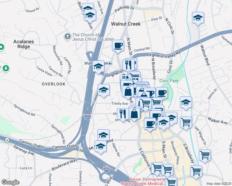 map of restaurants, bars, coffee shops, grocery stores, and more near 1812 Trinity Avenue in Walnut Creek