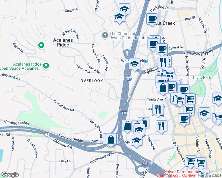 map of restaurants, bars, coffee shops, grocery stores, and more near 1658 Terrace Way in Walnut Creek