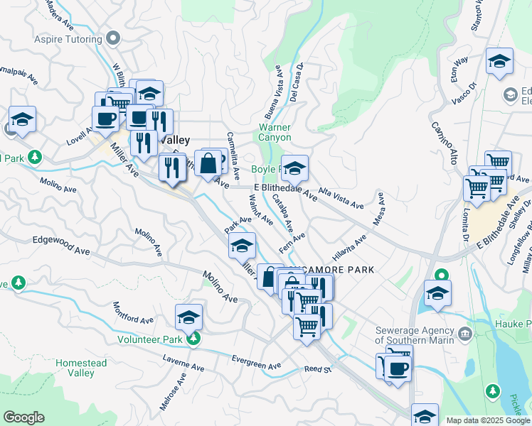 map of restaurants, bars, coffee shops, grocery stores, and more near 75 Sycamore Avenue in Mill Valley