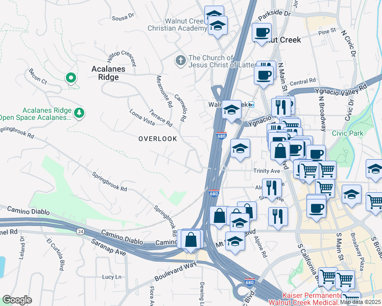 map of restaurants, bars, coffee shops, grocery stores, and more near 1658 Terrace Way in Walnut Creek