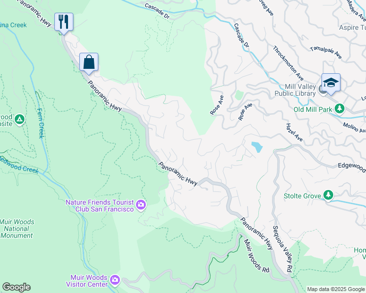map of restaurants, bars, coffee shops, grocery stores, and more near 10 Sunrise Lane in Mill Valley