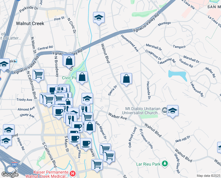 map of restaurants, bars, coffee shops, grocery stores, and more near 14 Edmund Court in Walnut Creek