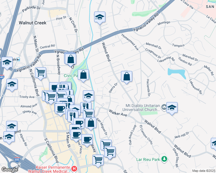 map of restaurants, bars, coffee shops, grocery stores, and more near 14 Edmund Court in Walnut Creek