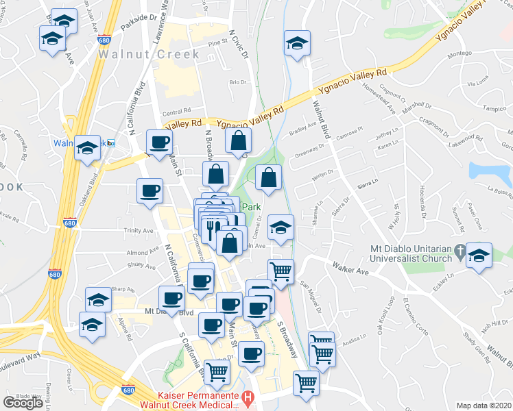 map of restaurants, bars, coffee shops, grocery stores, and more near 1682 Carmel Drive in Walnut Creek