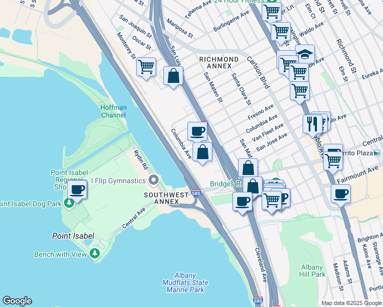 map of restaurants, bars, coffee shops, grocery stores, and more near 5076 Columbia Avenue in Richmond