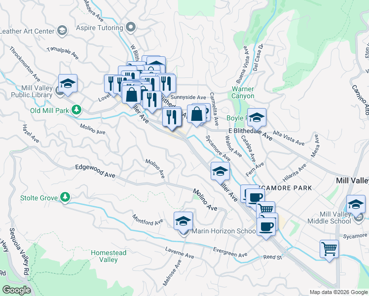map of restaurants, bars, coffee shops, grocery stores, and more near 250 Rainbow Lane in Mill Valley