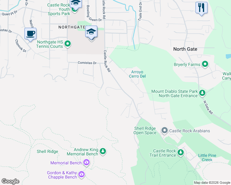 map of restaurants, bars, coffee shops, grocery stores, and more near 725 Castle Rock Road in Walnut Creek