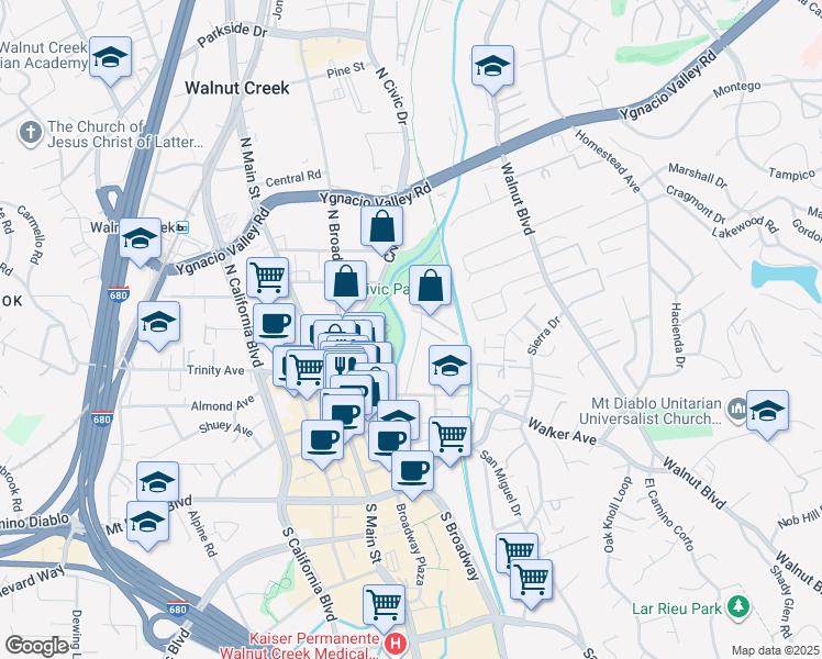 map of restaurants, bars, coffee shops, grocery stores, and more near 1743 Carmel Drive in Walnut Creek
