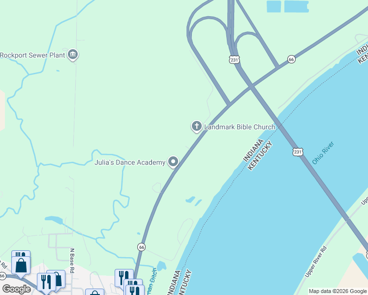 map of restaurants, bars, coffee shops, grocery stores, and more near 1038 Ohio River Scenic Byway in Rockport