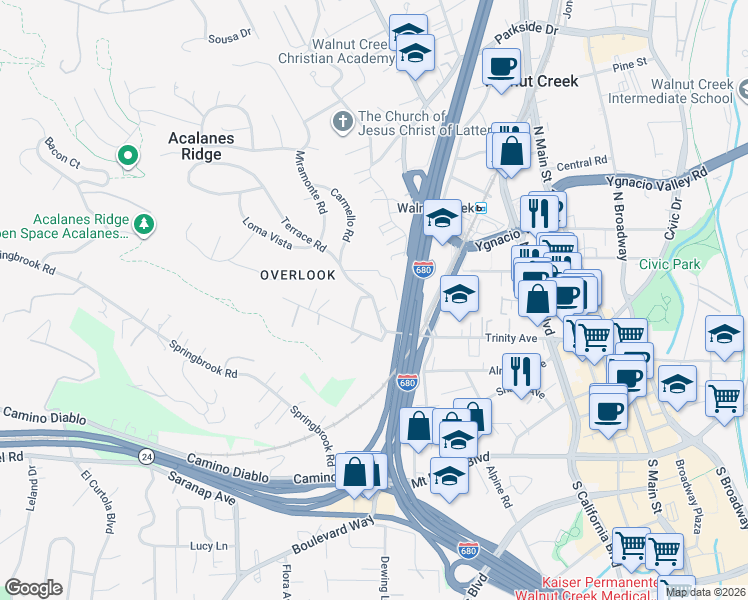 map of restaurants, bars, coffee shops, grocery stores, and more near Terrace Road in Walnut Creek