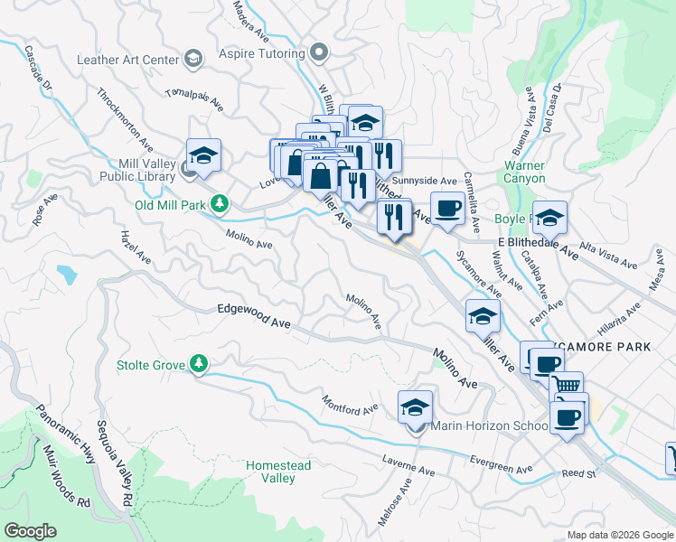 map of restaurants, bars, coffee shops, grocery stores, and more near 233 Molino Avenue in Mill Valley