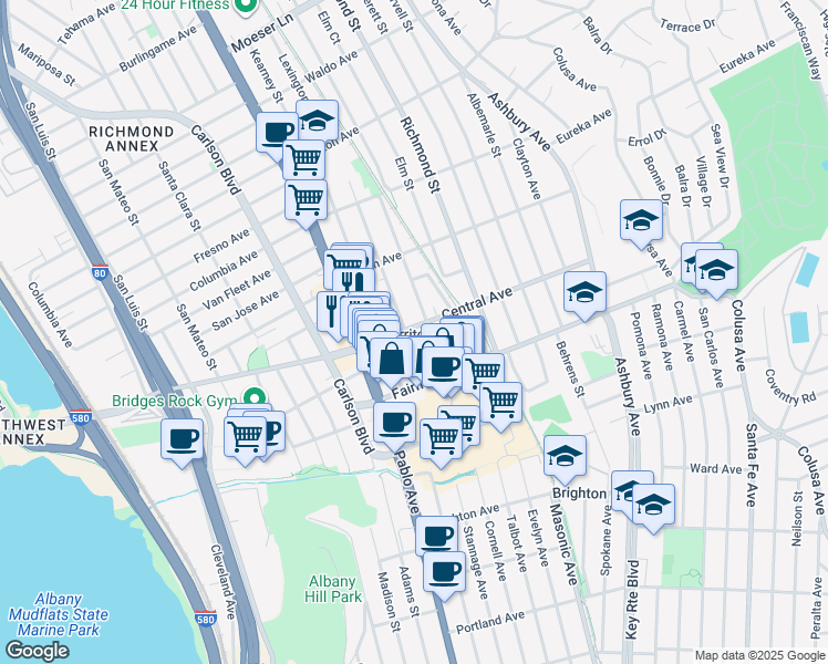map of restaurants, bars, coffee shops, grocery stores, and more near 6500 Central Avenue in El Cerrito