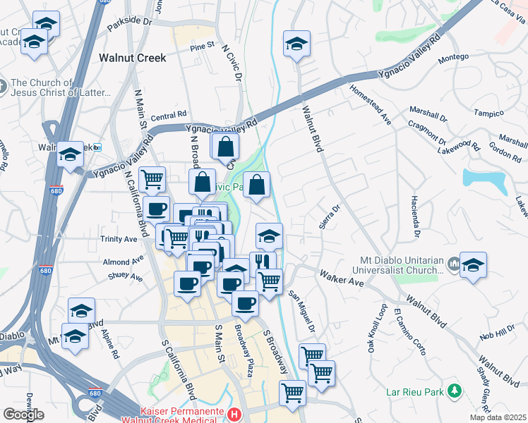 map of restaurants, bars, coffee shops, grocery stores, and more near 1756 Carmel Drive in Walnut Creek