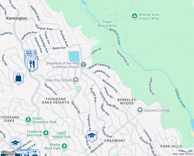 map of restaurants, bars, coffee shops, grocery stores, and more near 558 Woodmont Avenue in Berkeley