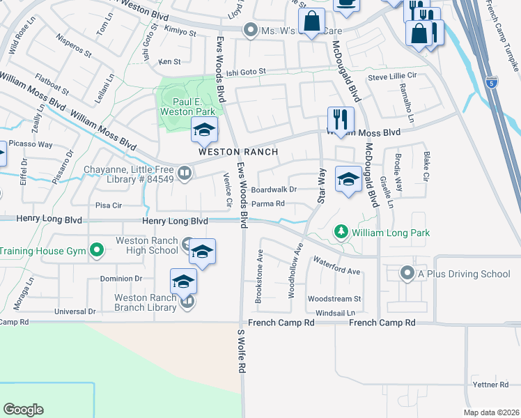 map of restaurants, bars, coffee shops, grocery stores, and more near 1214 Henry Long Boulevard in Stockton