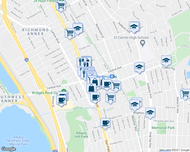 map of restaurants, bars, coffee shops, grocery stores, and more near 10066 San Pablo Avenue in El Cerrito