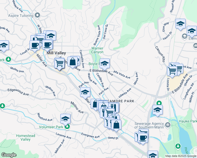 map of restaurants, bars, coffee shops, grocery stores, and more near 71 Walnut Avenue in Mill Valley