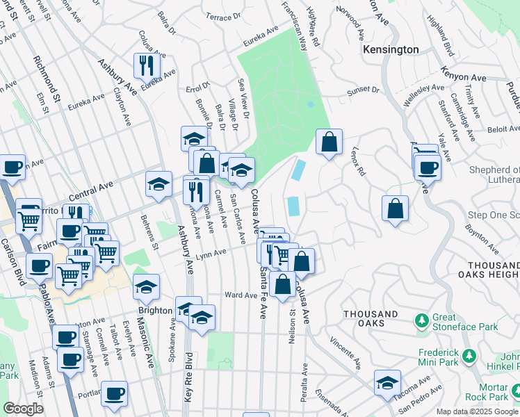 map of restaurants, bars, coffee shops, grocery stores, and more near 267 Colusa Avenue in Kensington