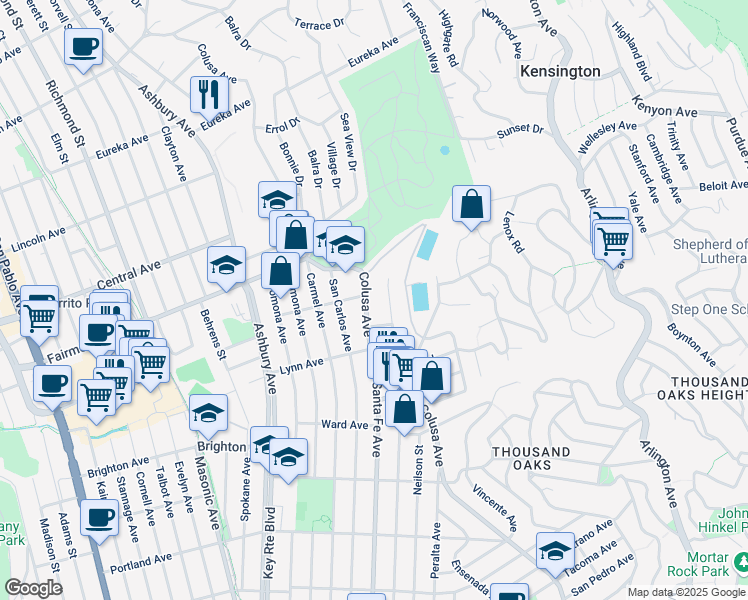 map of restaurants, bars, coffee shops, grocery stores, and more near 267 Colusa Avenue in Kensington