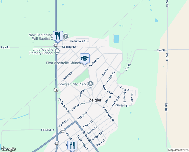 map of restaurants, bars, coffee shops, grocery stores, and more near 101 Mongoose Street in Zeigler
