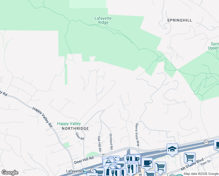 map of restaurants, bars, coffee shops, grocery stores, and more near 1193 Glen Road in Lafayette