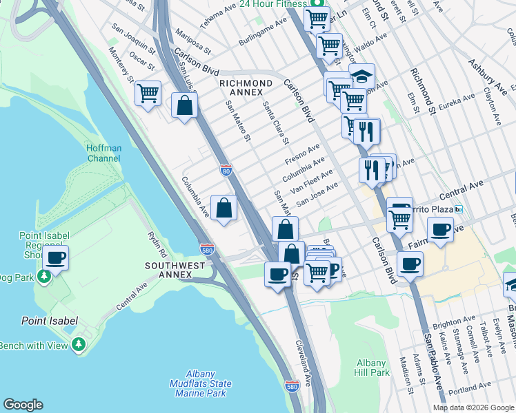 map of restaurants, bars, coffee shops, grocery stores, and more near 5429 Van Fleet Avenue in Richmond
